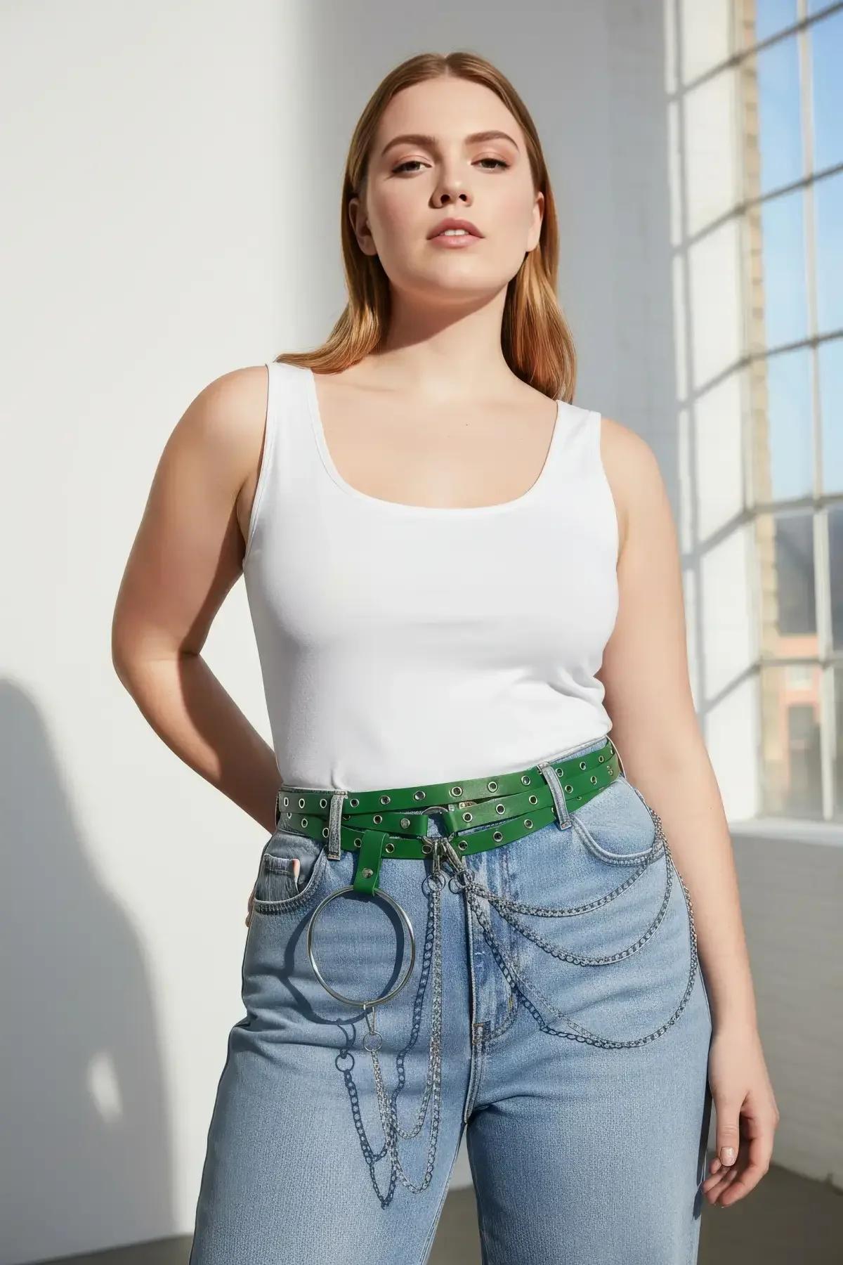 Green wide belt with silver chain removed, showing clean grommet band silhouette on plus-size model