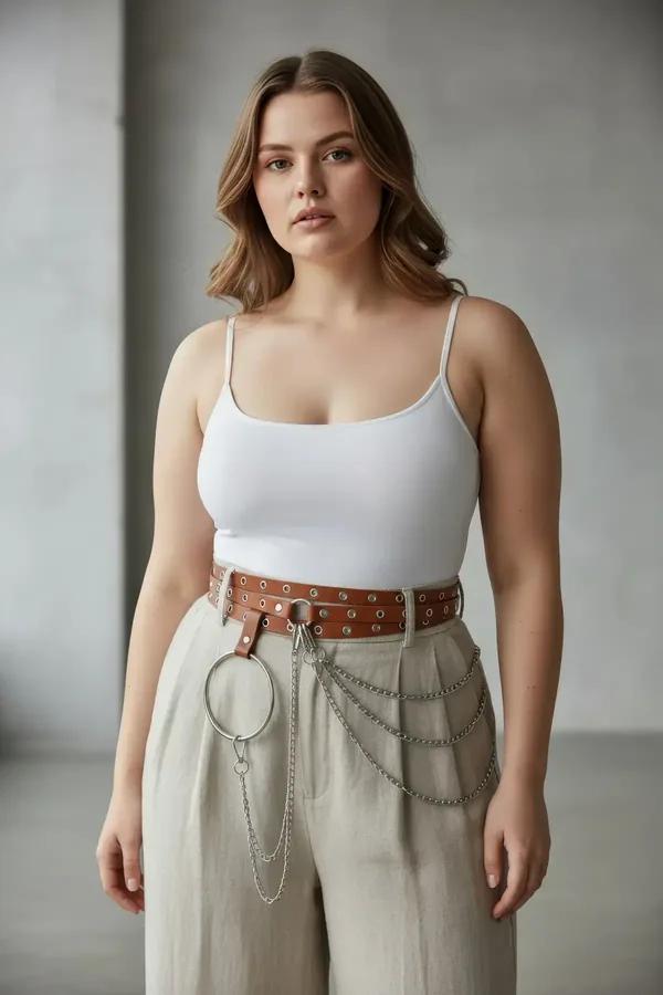 tan faux leather eyelet belt with large silver O-ring and draped chain strands worn at the waist