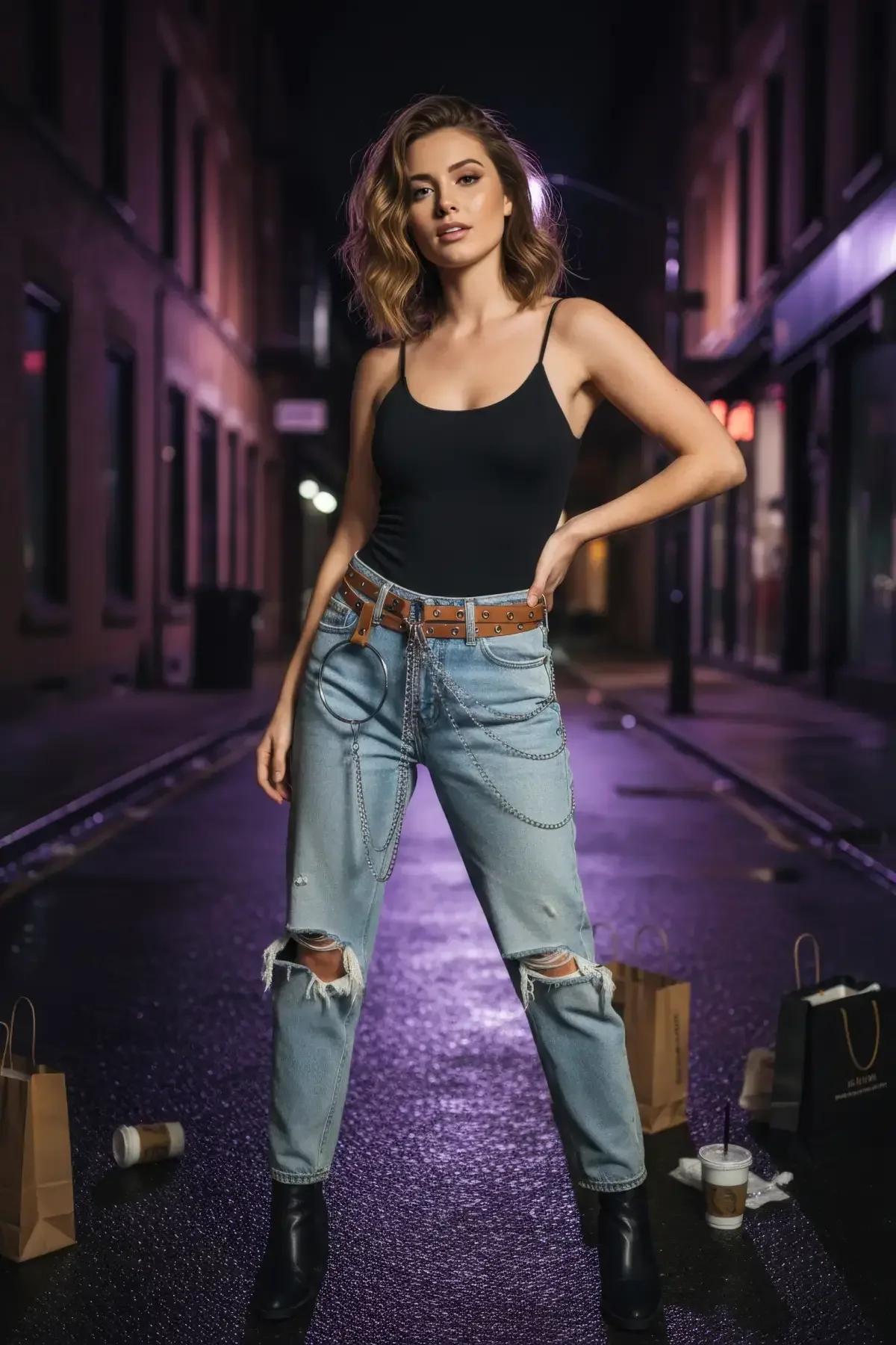 Taba zincirli kadın kemeri ön cephe görünümü beyaz crop top ve açık mavi jean kombininde