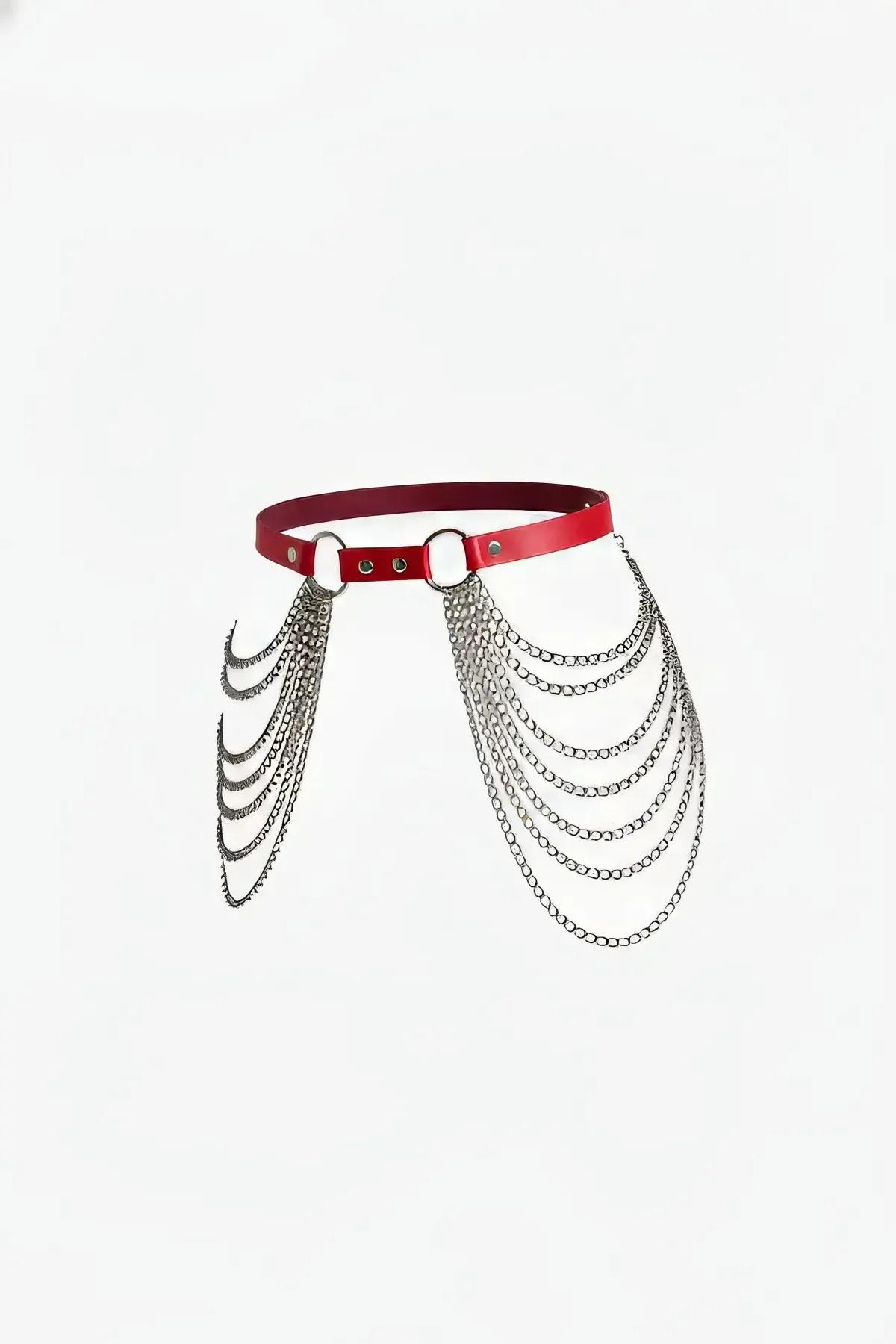 Red faux leather waist harness with five cascading silver chain layers from a central O-ring, front view