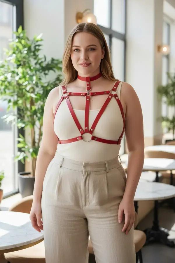 Red vegan leather chest harness with integrated choker and silver O-rings, strappy geometric cage design on plus-size model