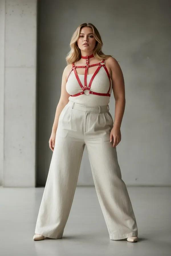 Red vegan leather chest harness with integrated choker and silver O-rings, strappy geometric cage design on plus-size model