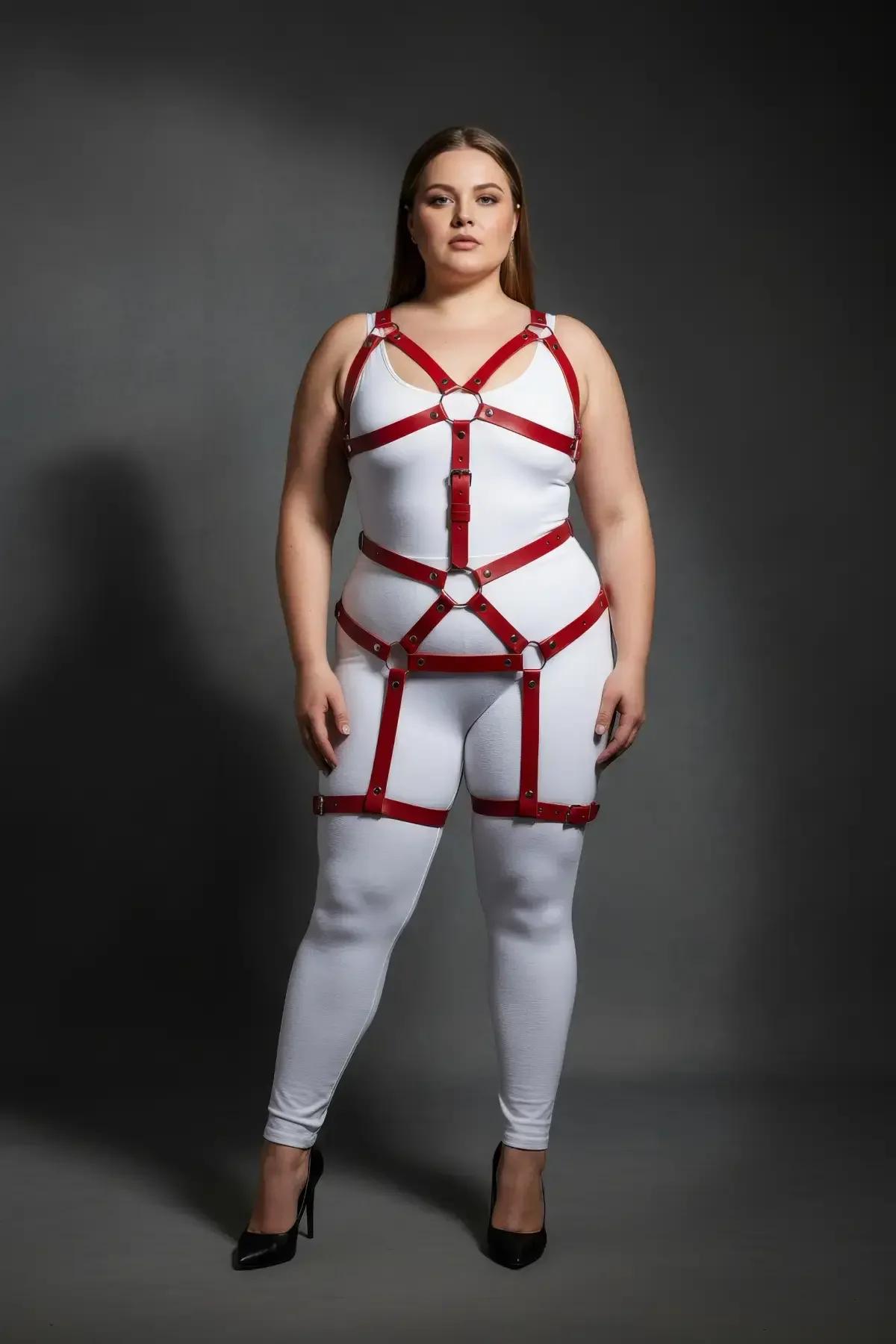 red faux leather crosshatch waist cage panel with adjustable pin-buckle closures front view