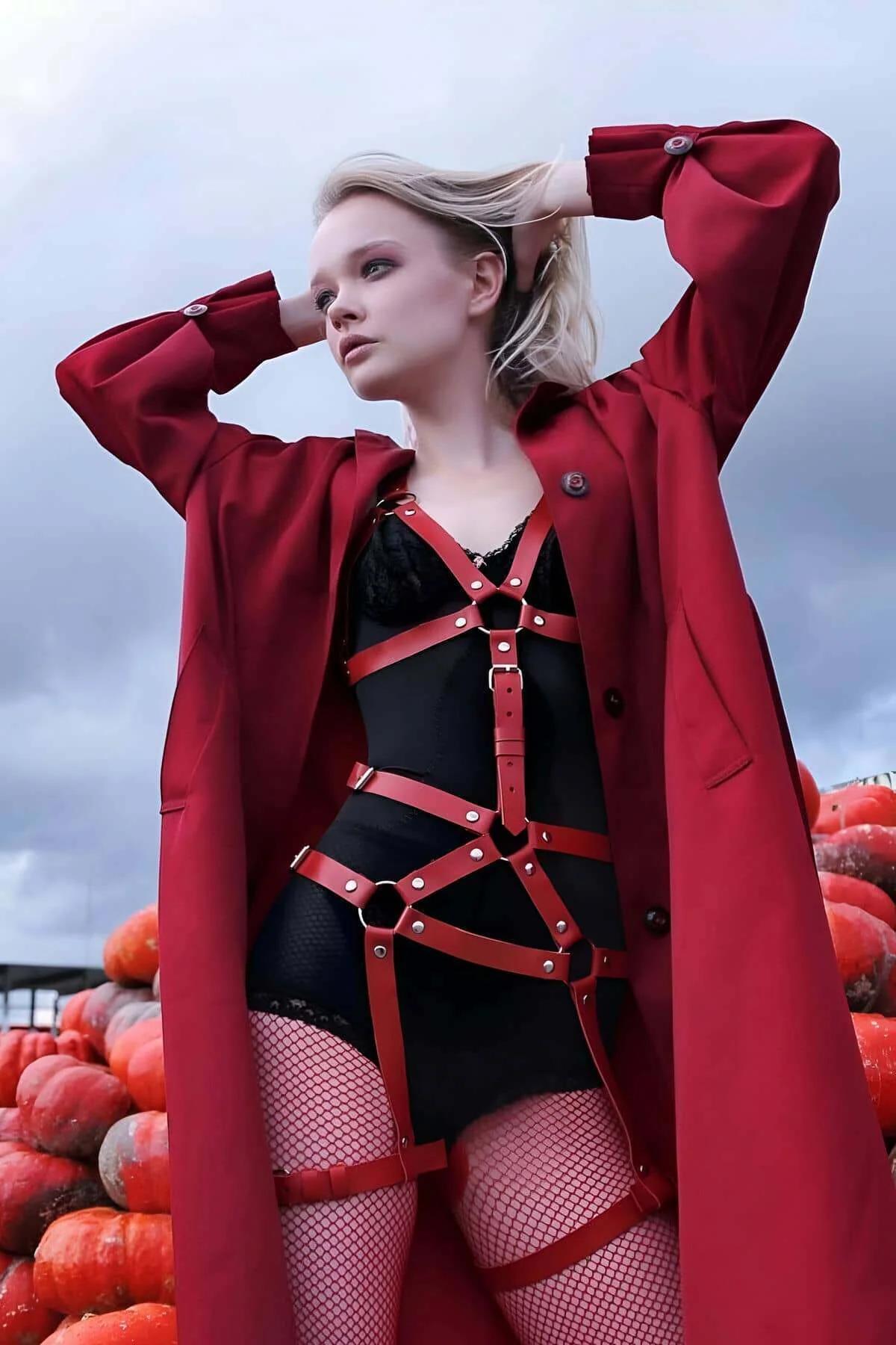 kırmızı harness siyah body üzerinde gümüş metal toka detayı ön görünüm