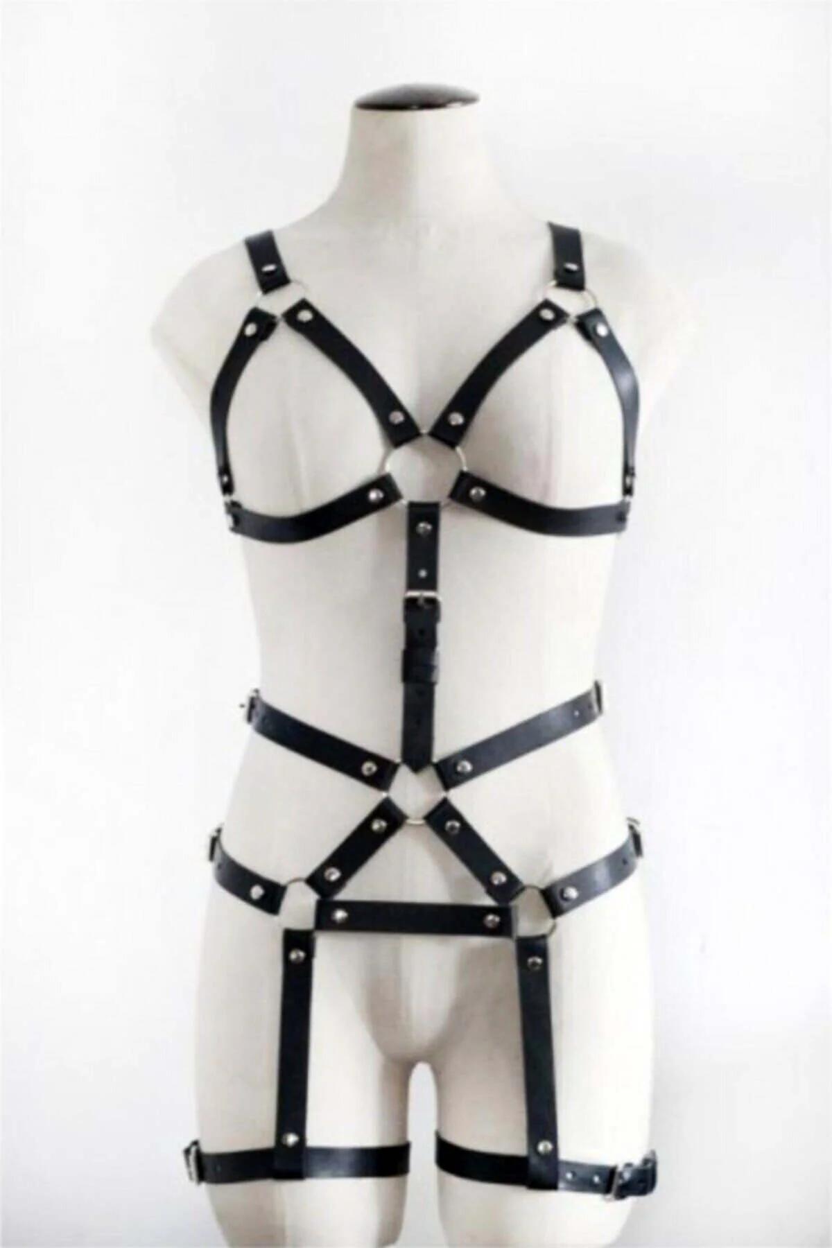 siyah vegan deri tam vücut harness takımı O-ring göğüs bel uyluk bantlı gümüş toka