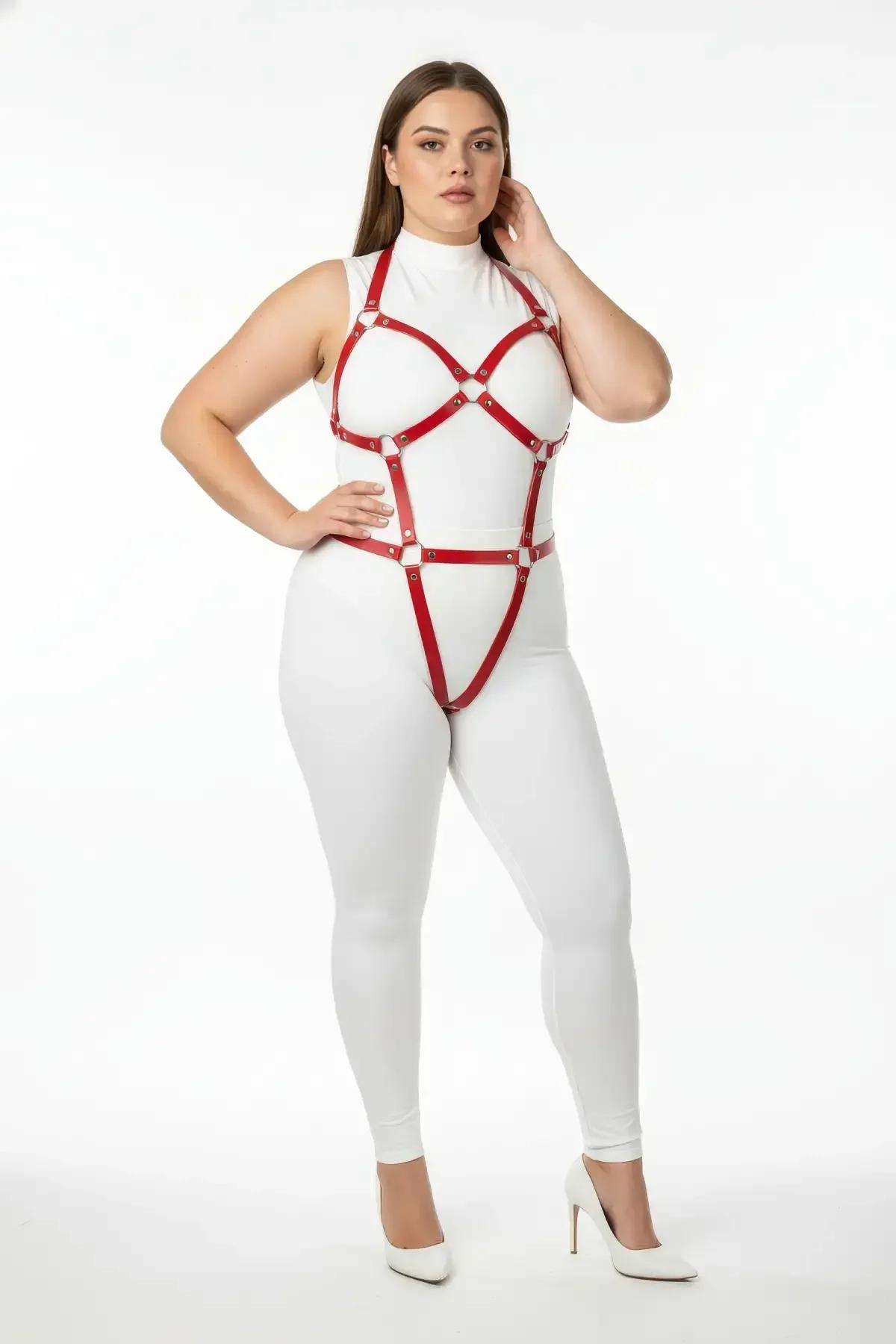 red vegan leather full body harness with gold O-ring detail and X-cross chest cage on plus-size model