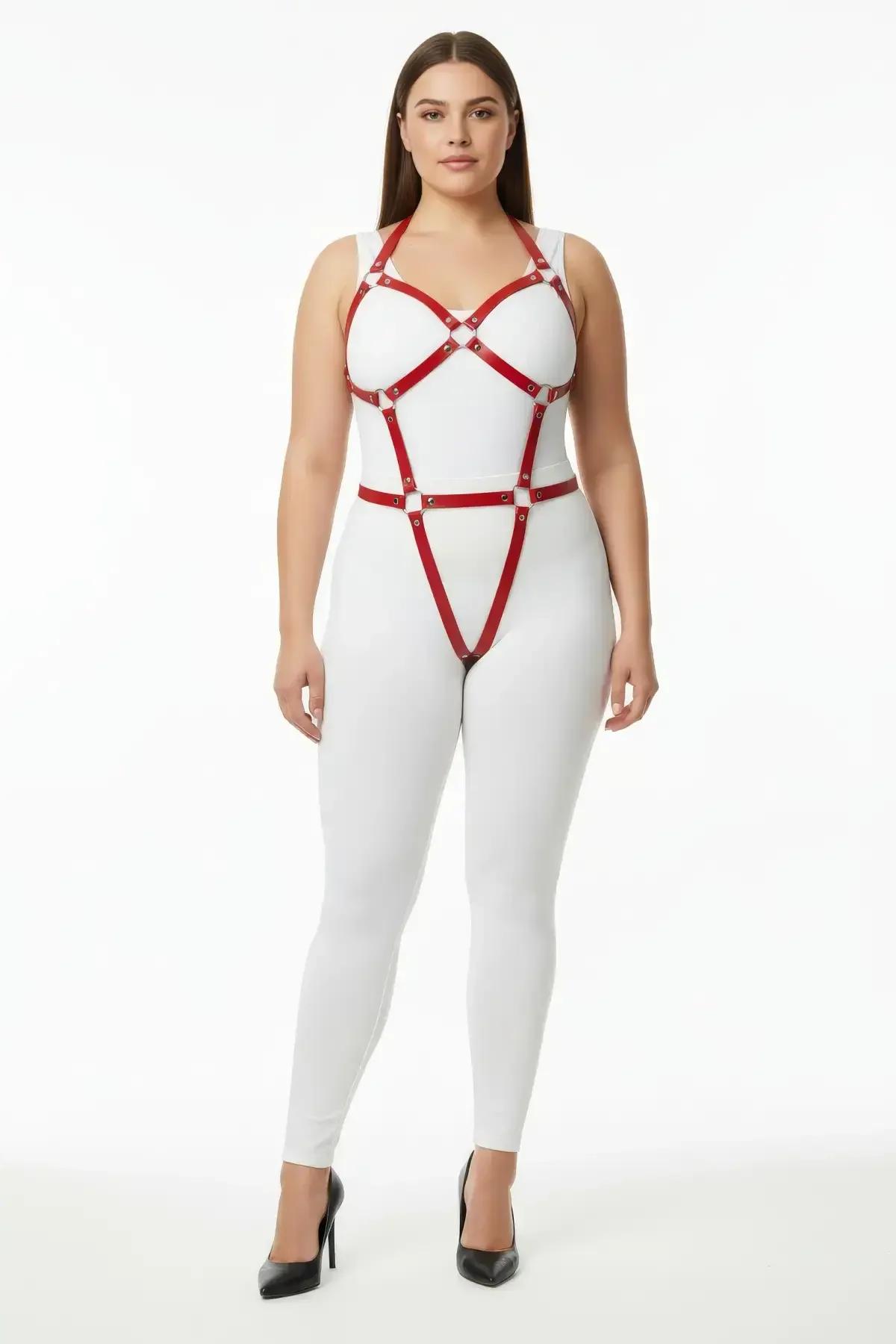 front view red full body harness with gold stud hardware and dual hip strap loops