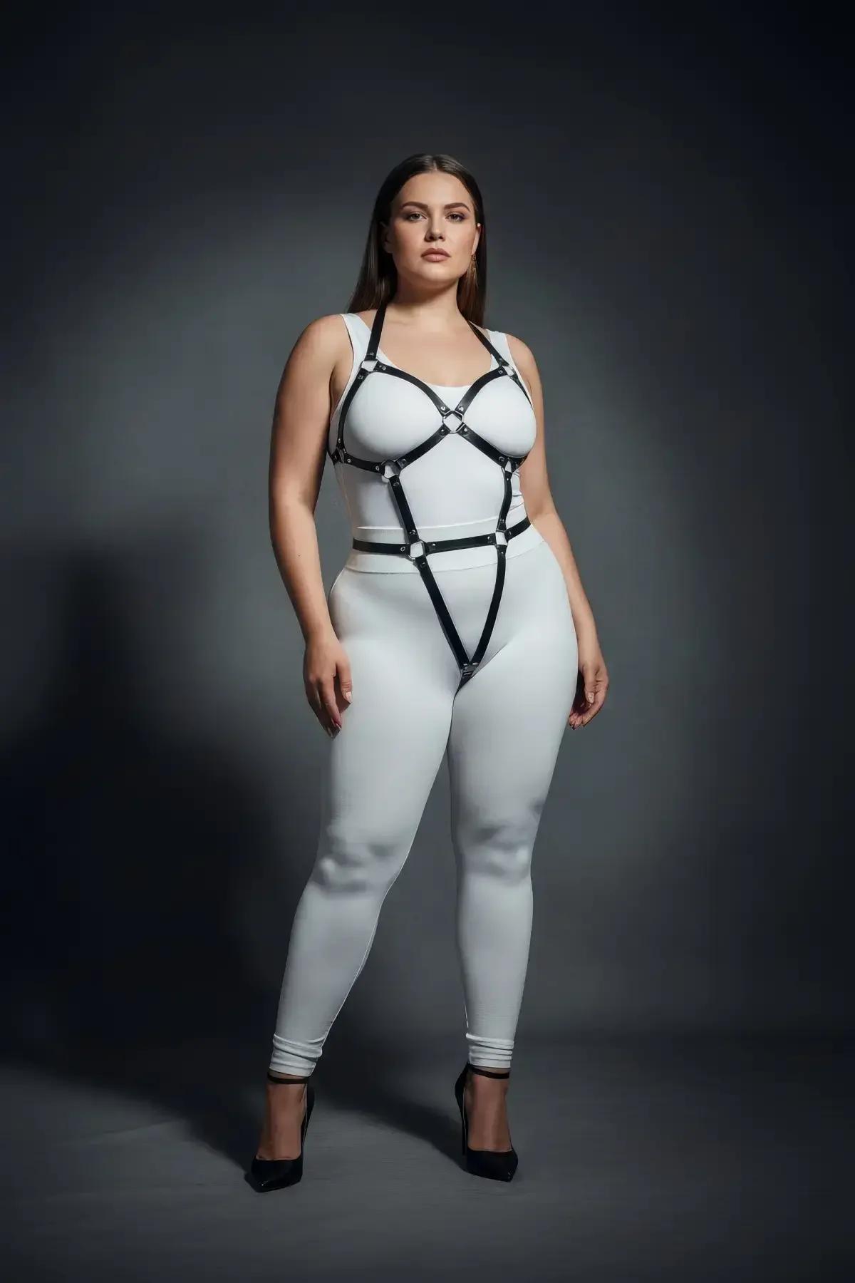 Side view of black vegan leather body harness with midriff band and upper-thigh leg loops
