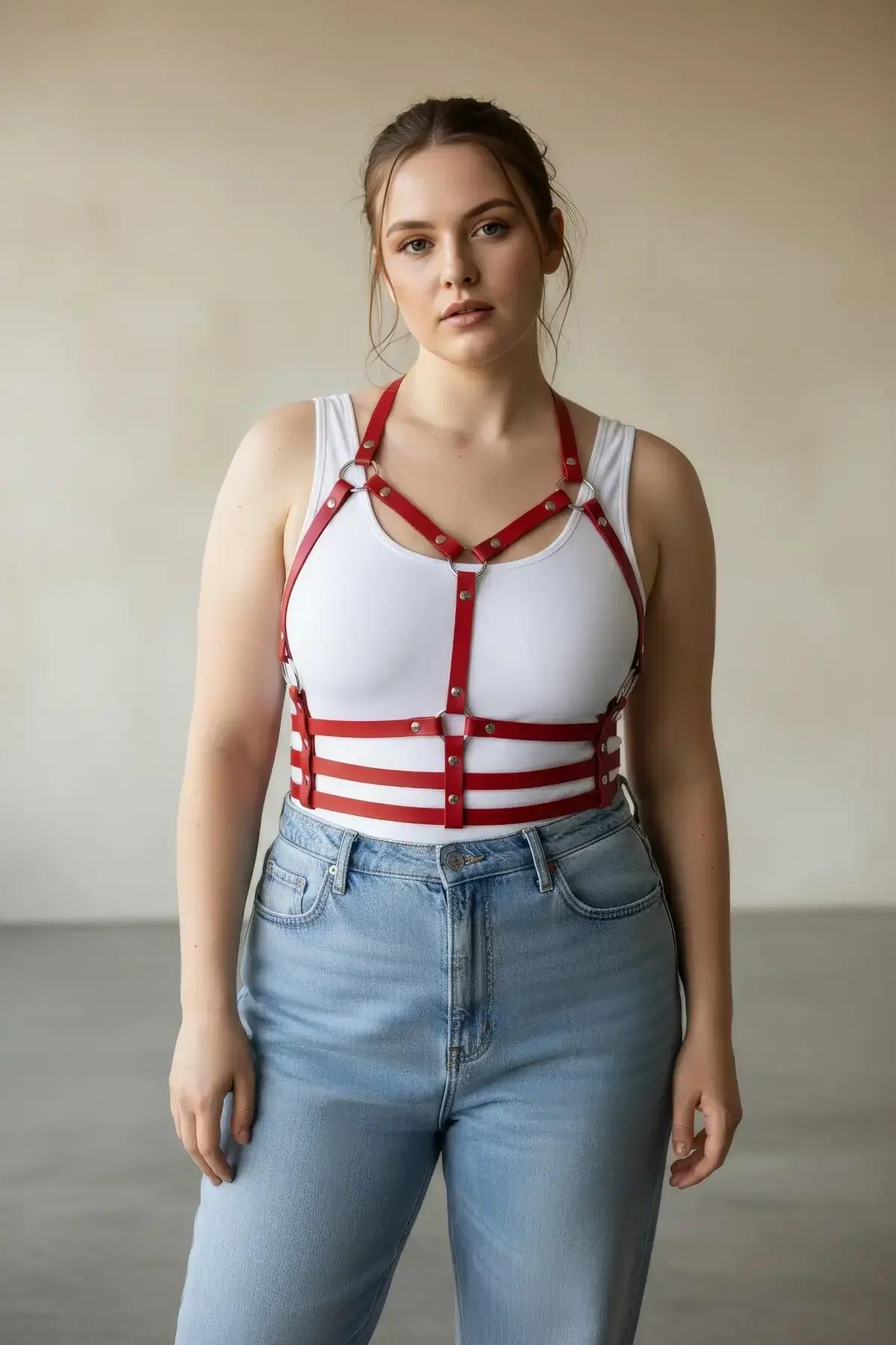 red strappy body harness waist band adjustment buckle detail