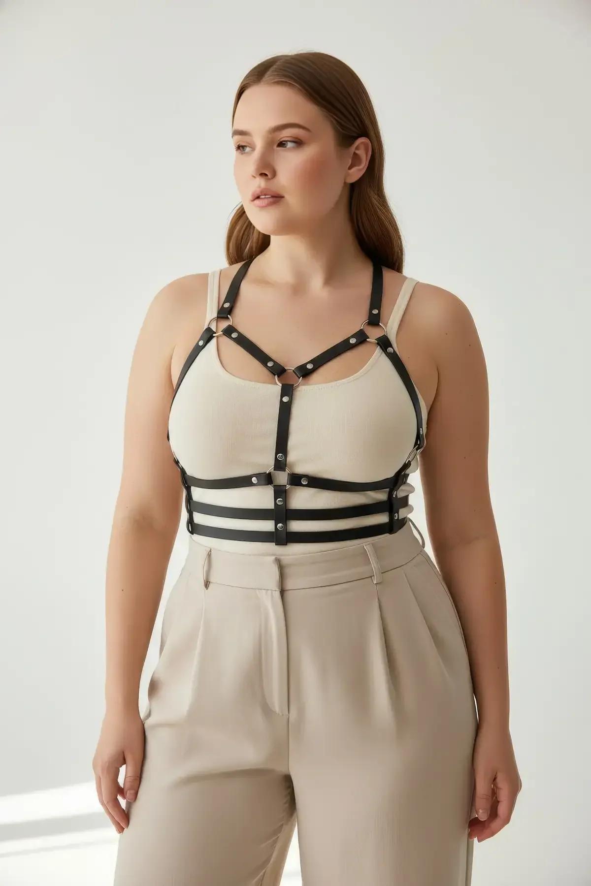 Caged harness bra black PU leather adjustable buckle back closure detail