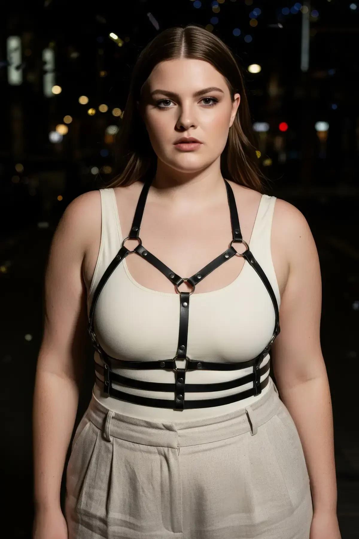 Plus-size model wearing black caged body harness silver hardware full torso side angle