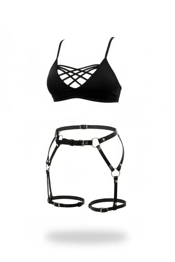 siyah suni deri jartiyer harness gümüş O-halkalı metal tokalı bralet seti vücut aksesuar