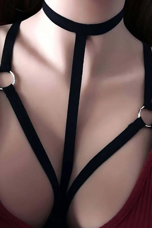 siyah elastik göğüs harness choker boyun halkası X çapraz bant gümüş çıtçıt donanım