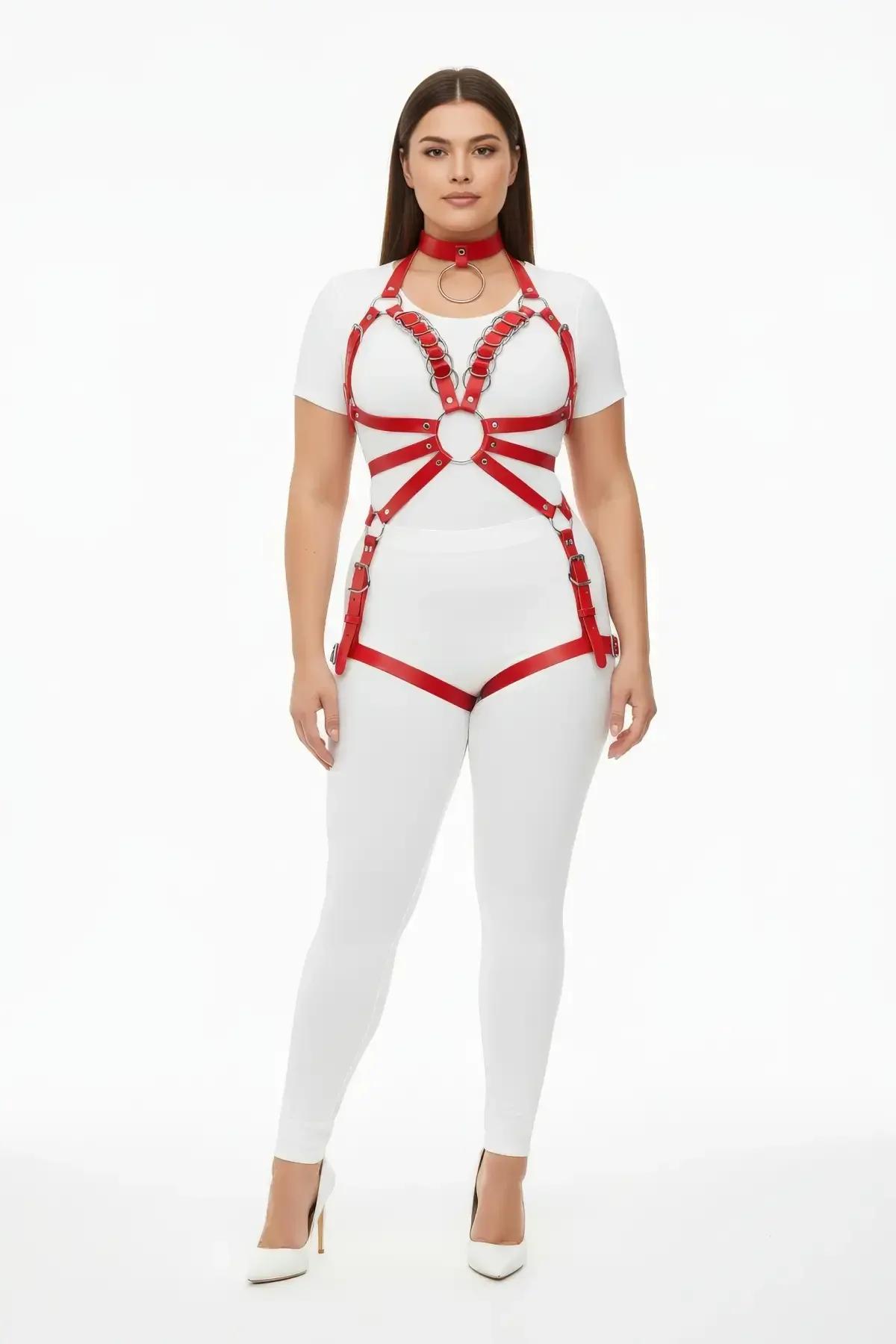 red strappy body harness close-up of silver O-ring chest cage and underbust central ring detail