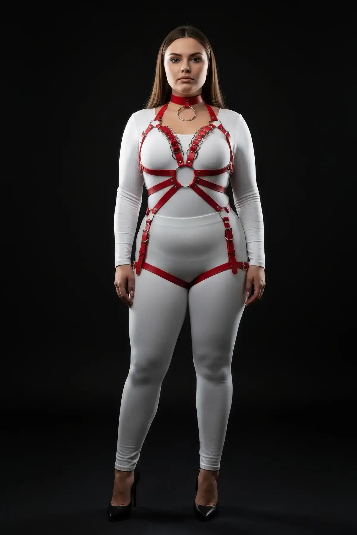 red vegan leather full body harness adjustable collar and shoulder strap back view