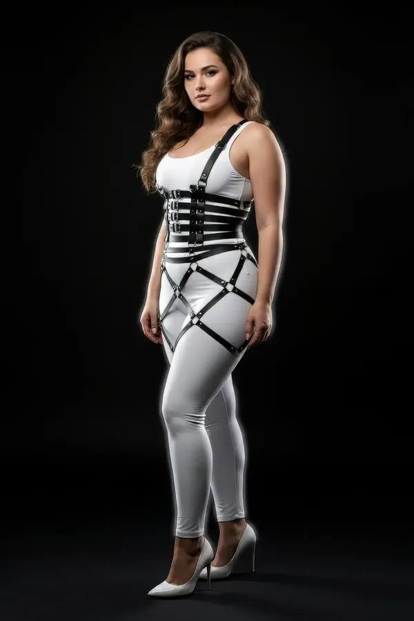 black faux leather corset body harness set with geometric diamond cage skirt and silver O-rings worn over white outfit