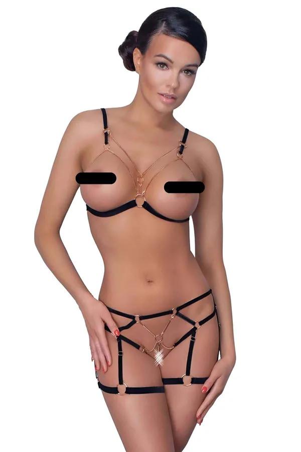 siyah elastik bantlı jartiyer harness takımı altın zincir ve O-ring detaylı, ön görünüm