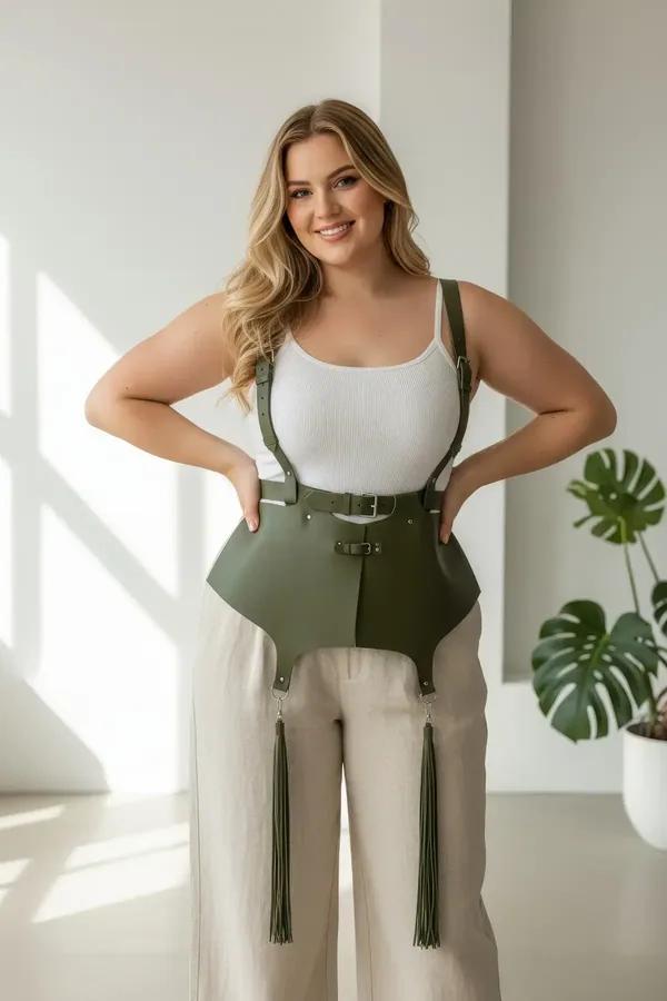 khaki faux leather waist harness olive green with long tassels and silver buckle shoulder straps worn over cream tank top