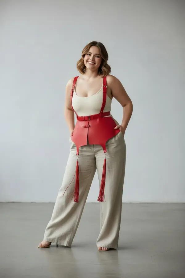 red vegan leather waist cincher harness with four tassels and adjustable shoulder straps worn over white tank top