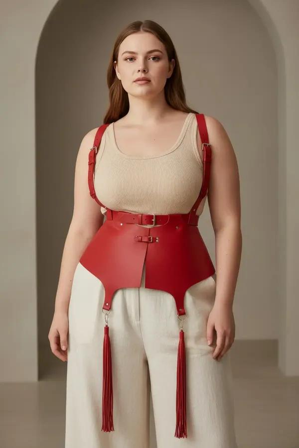 red vegan leather waist cincher harness with four tassels and adjustable shoulder straps worn over white tank top