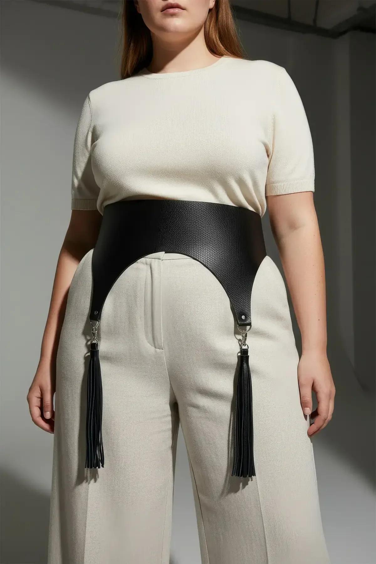 black matte polyurethane corset harness belt worn as minimal waist cincher with tassels removed