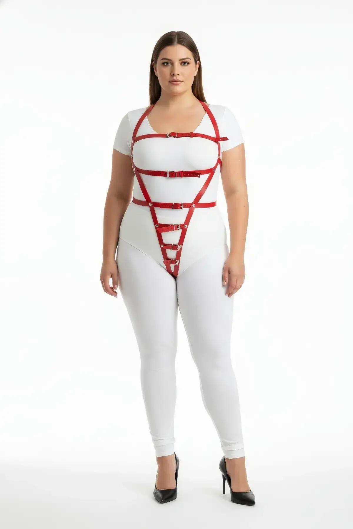 close-up red PU leather harness straps with silver rectangular buckle hardware detail