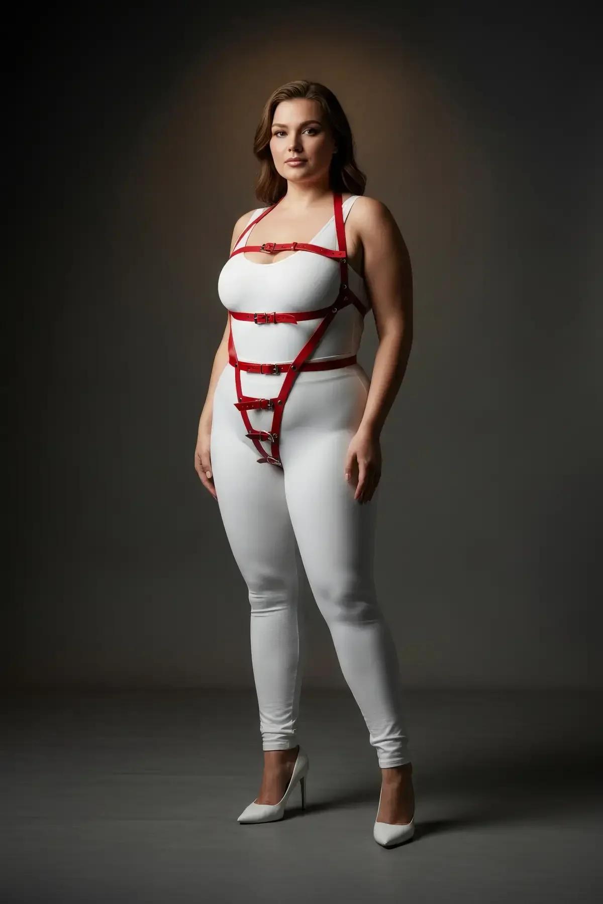red cage body harness triangular midriff panel and lower V-strap hip section front view
