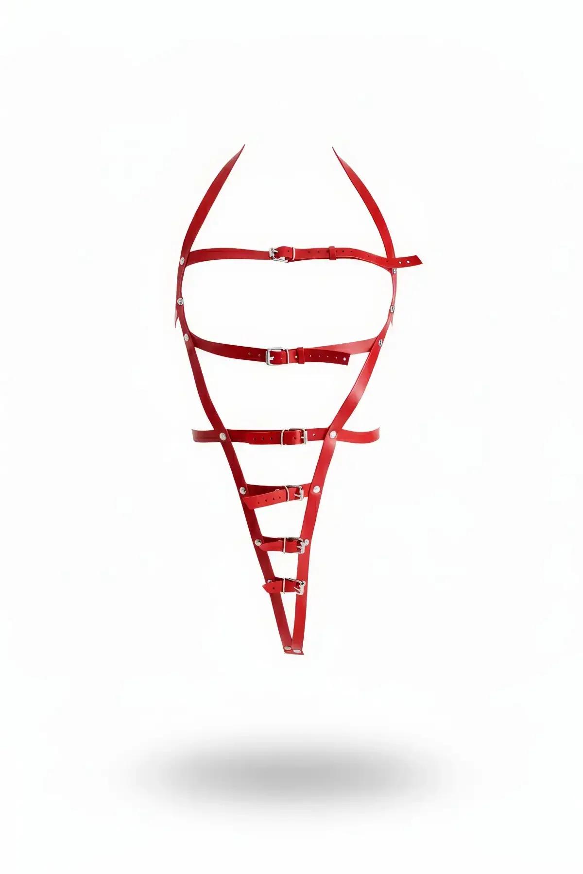 Red faux leather full body harness with crisscross straps and six silver buckles on white background