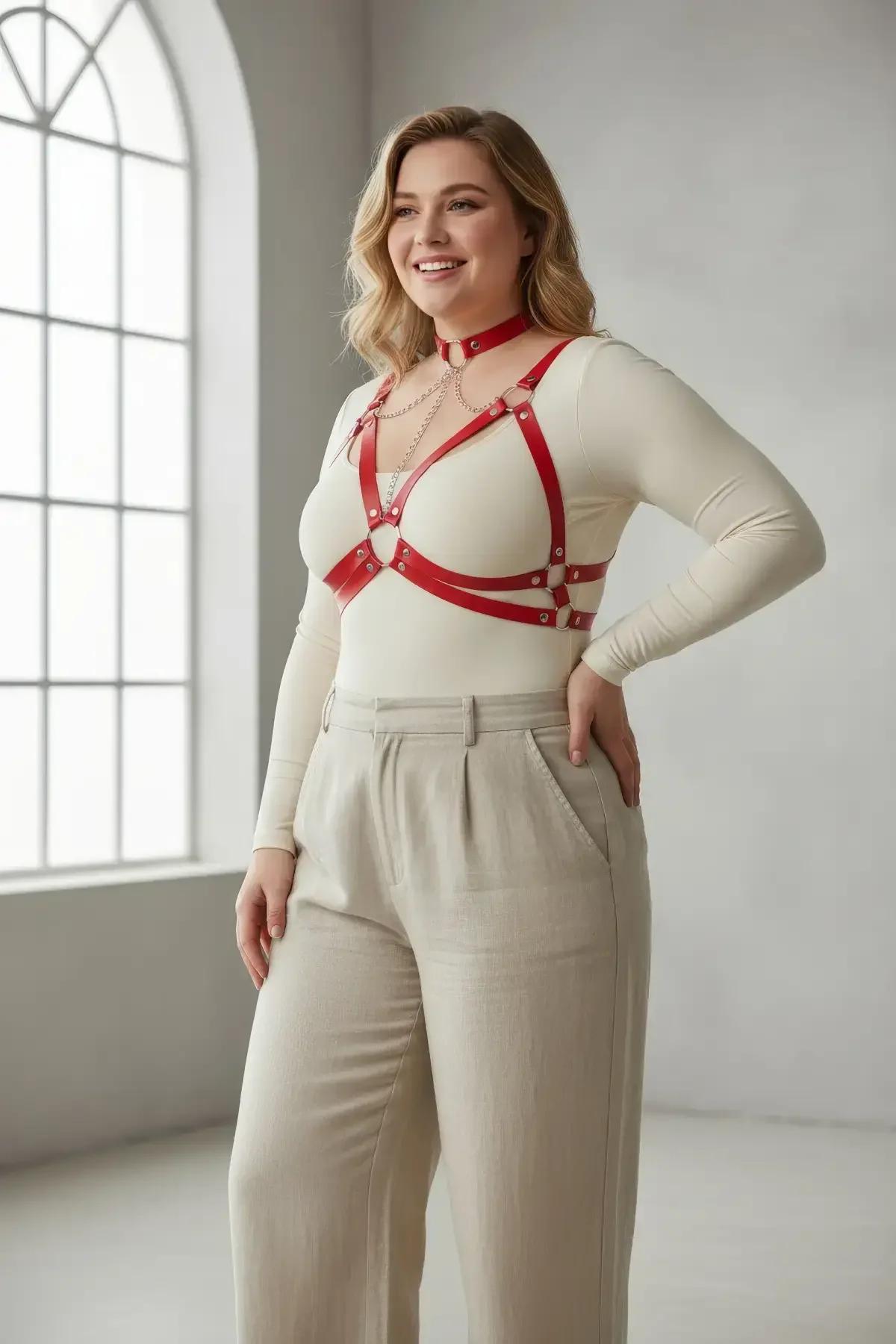 Red PU faux leather harness bra with inverted-V cage strap design and gold stud hardware, front view