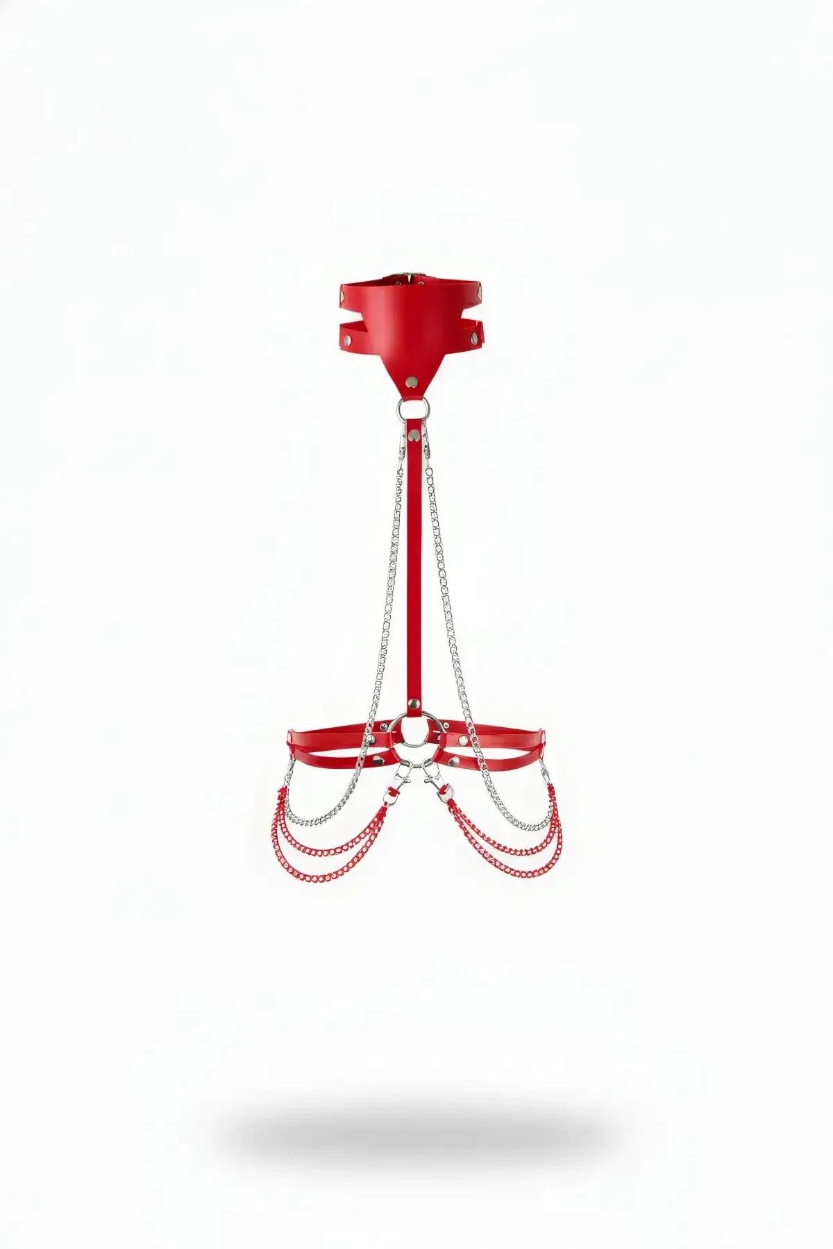 Red faux leather neck and underbust harness with draped silver and red chain loops, front view