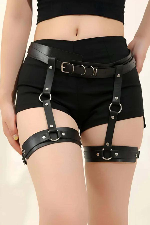siyah vegan deri jartiyer vücut harness bel ve uyluk bandı gümüş metal toka