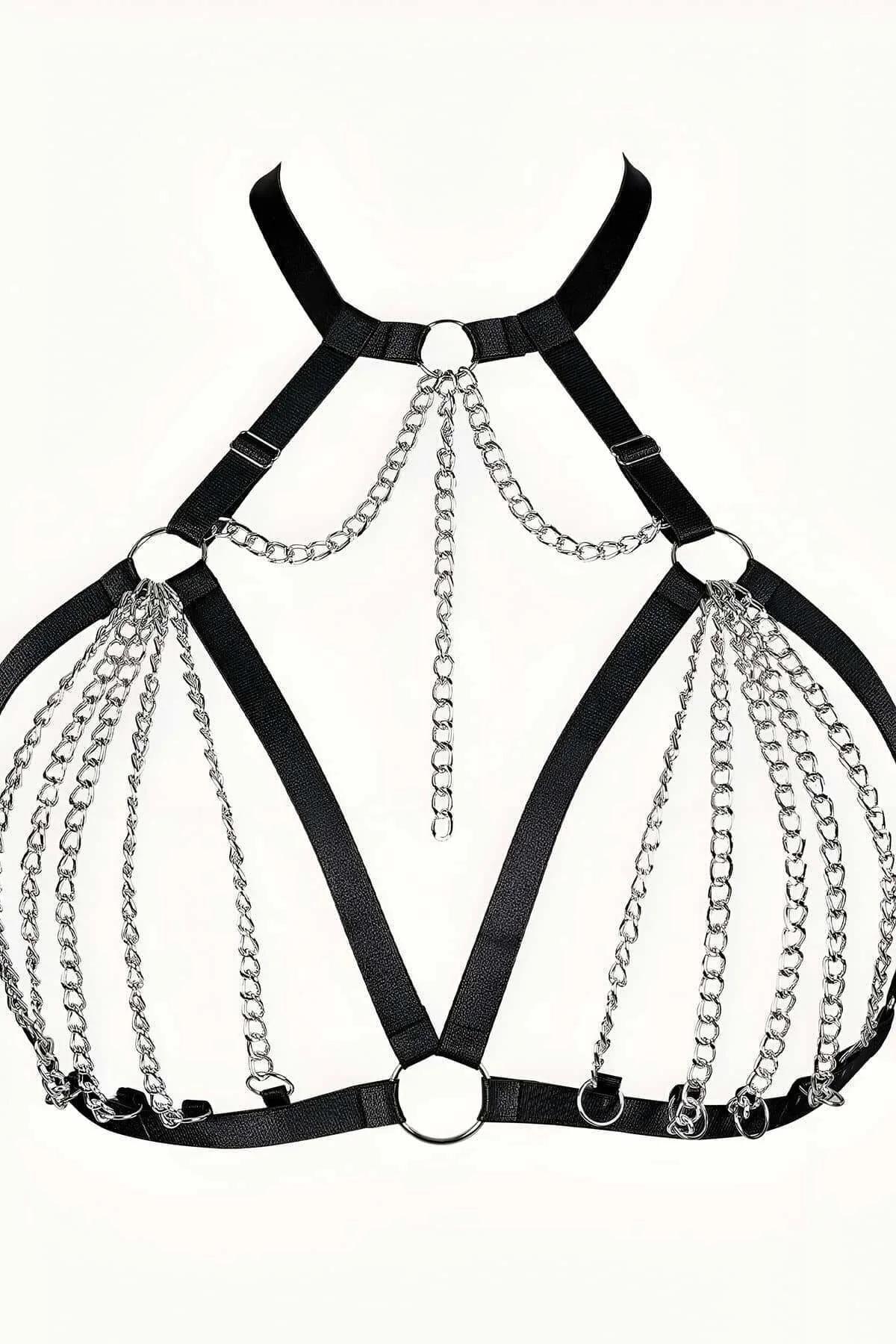 zincirli harness aksesuar yakın plan gümüş ton metal zincir ve elastik bant birleşimi