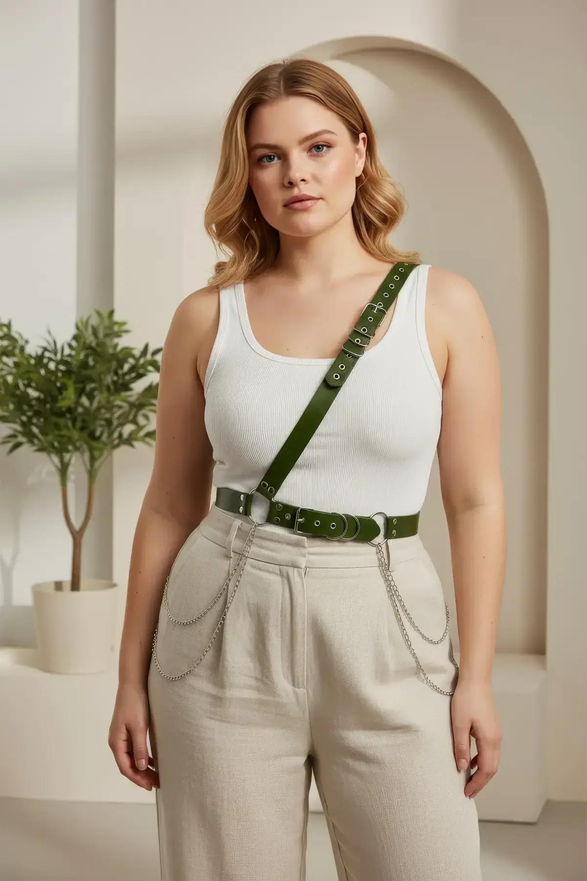 adjustable dark green chest harness strap with silver metal buckle hardware front view
