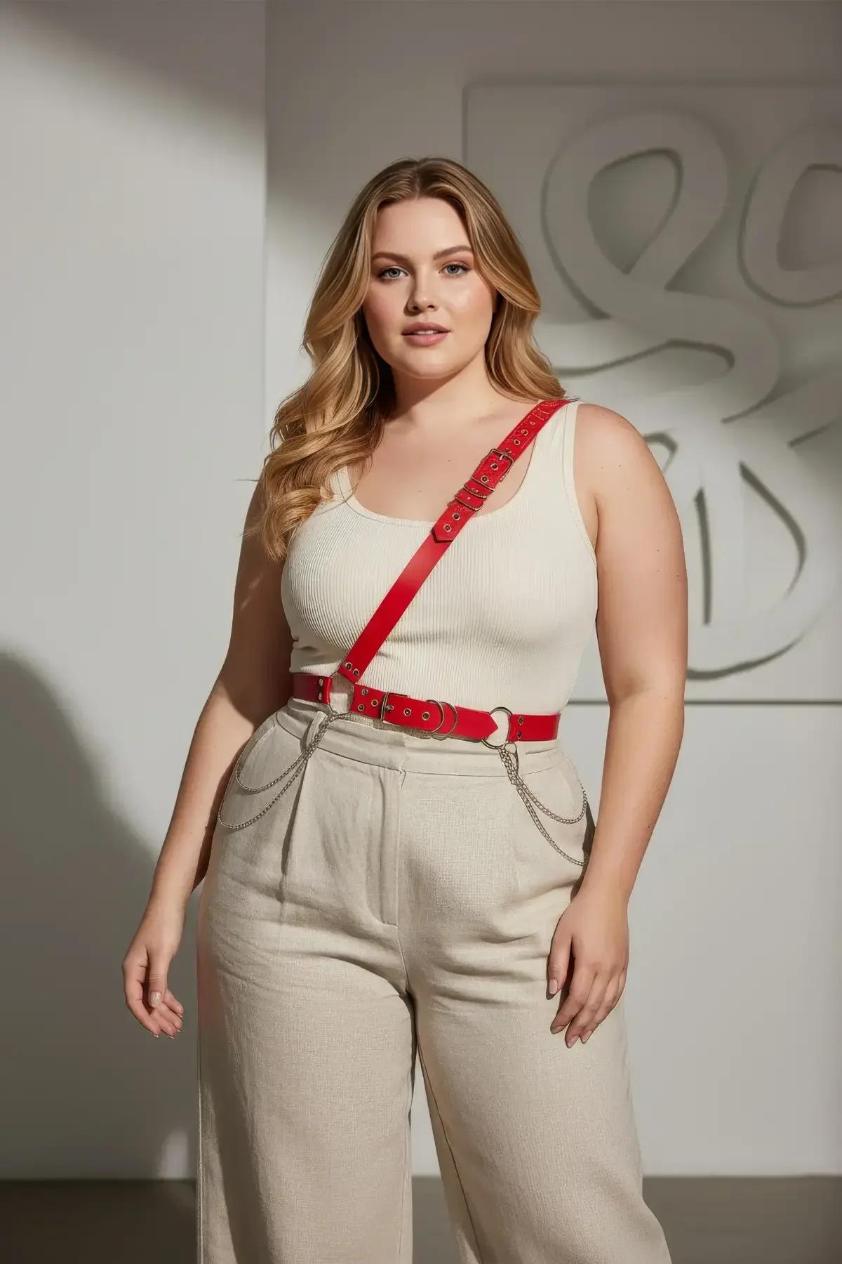 back view of red single shoulder harness showing adjustable silver buckle closures at waist