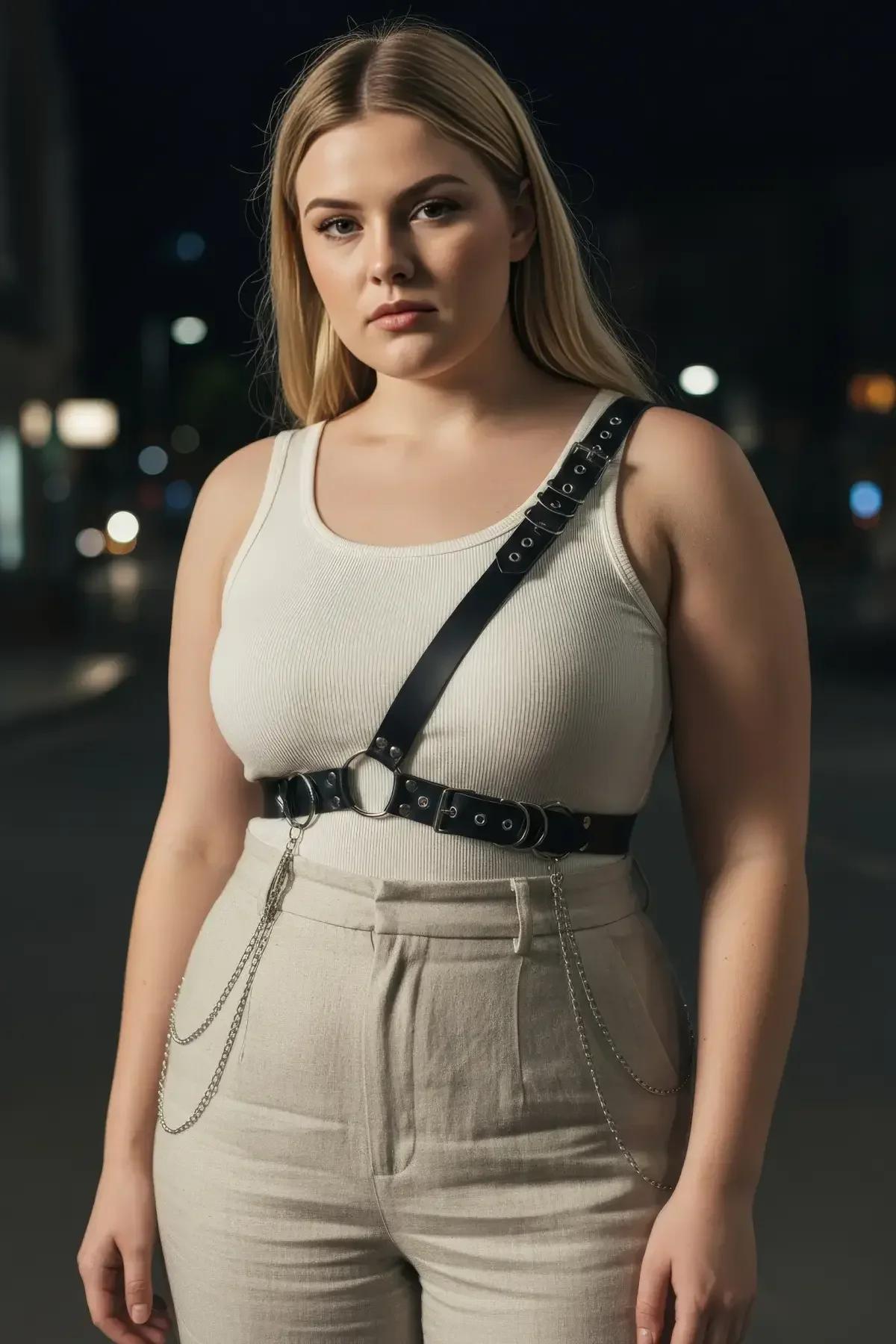 plus size black faux leather harness belt with chains styled over cream wide-leg trousers