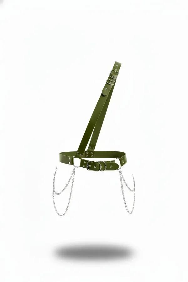 Olive vegan leather asymmetric shoulder harness with single diagonal strap, double silver buckles, and draped silver link cha