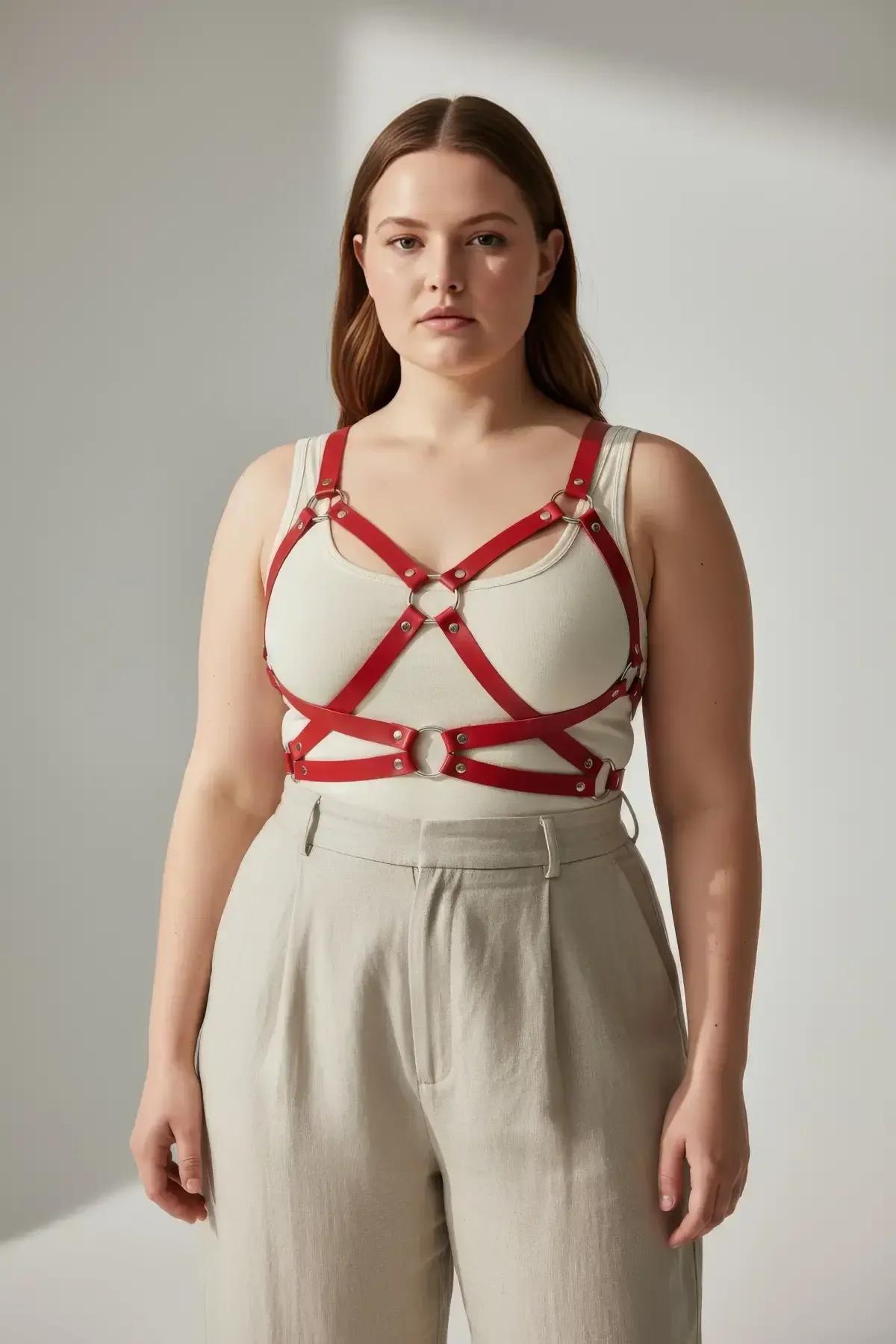 Close-up of red faux leather cage straps and silver O-ring sternum detail on chest harness