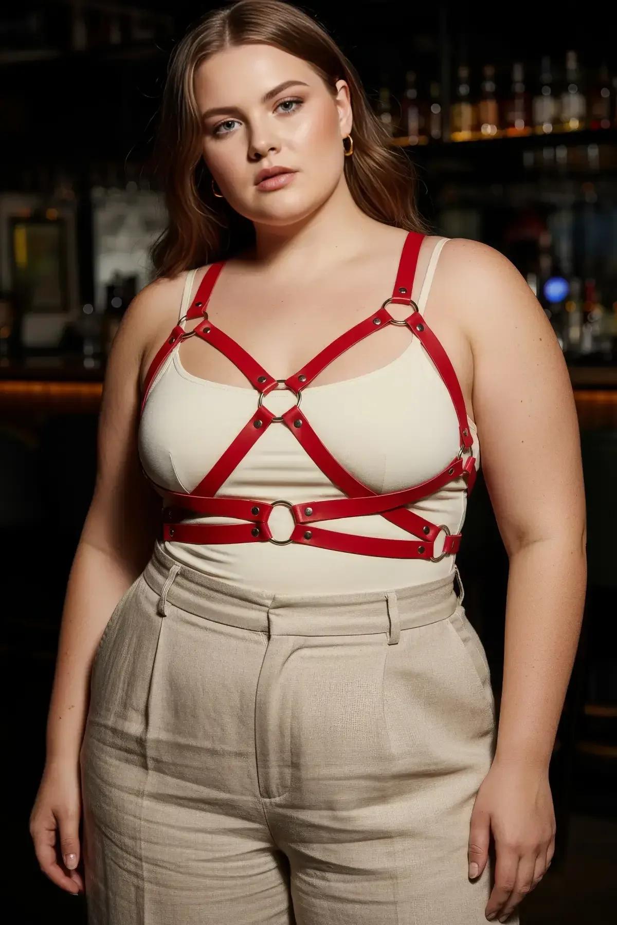 Red PU leather cage harness laid flat showing geometric strap configuration and three O-ring junctions