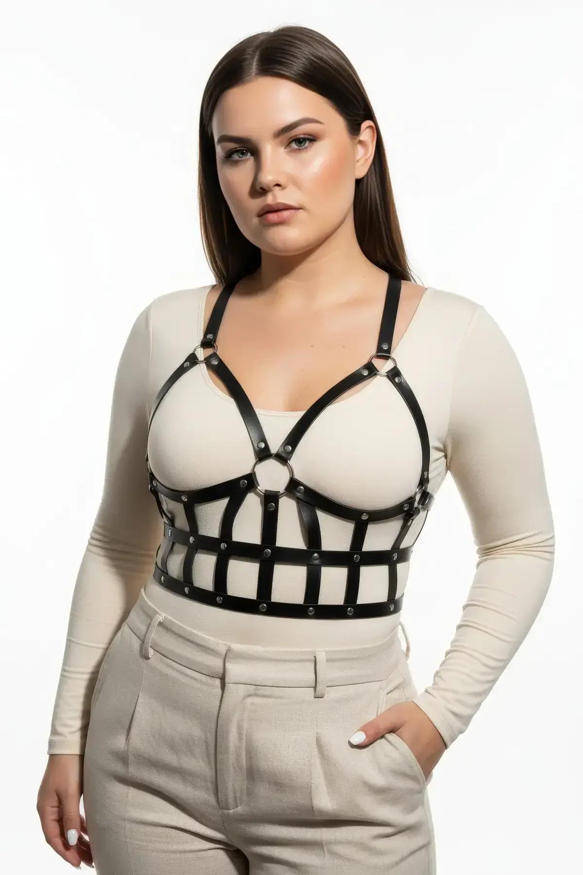 full-torso black studded grid harness front view showing waist-length cage structure and silver hardware
