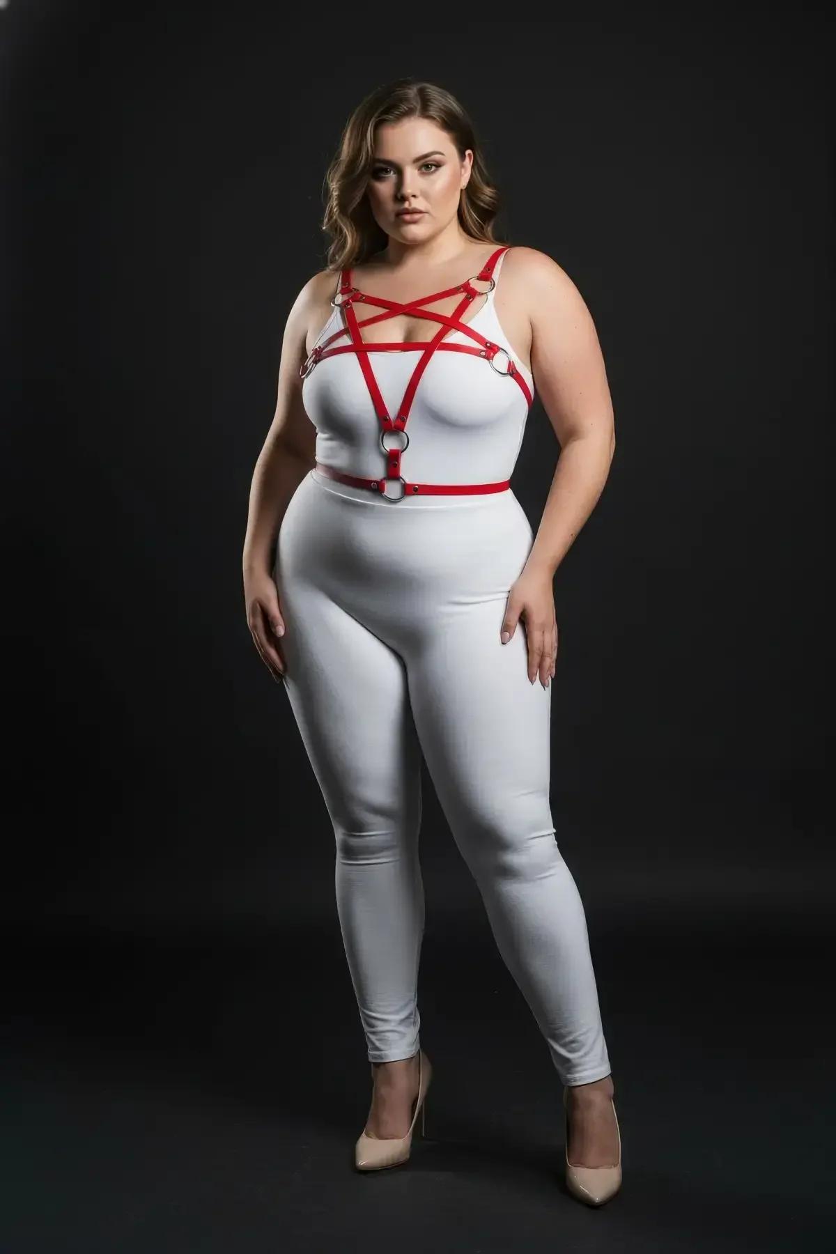 Red strappy harness bra layered over white fitted top showing full chest-to-underbust coverage
