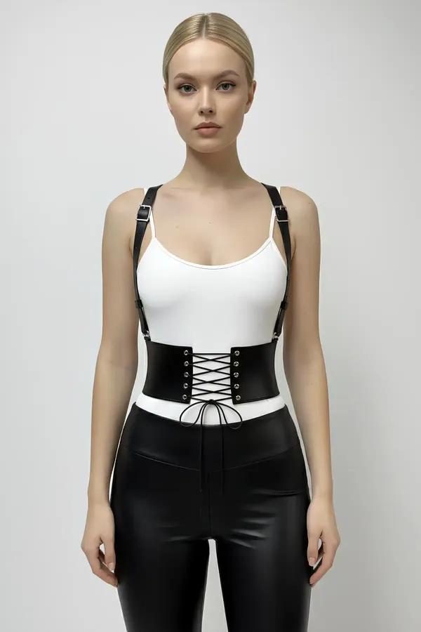 Siyah faux leather bağcıklı korse kemer gümüş perçinli omuz askılı bel aksesuar