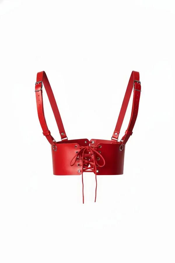 red faux leather lace-up underbust harness with silver buckle shoulder straps front view