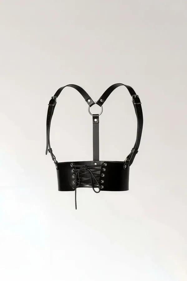 siyah faux leather bağcıklı korse bel kemeri O-ring omuz askılı harness aksesuar