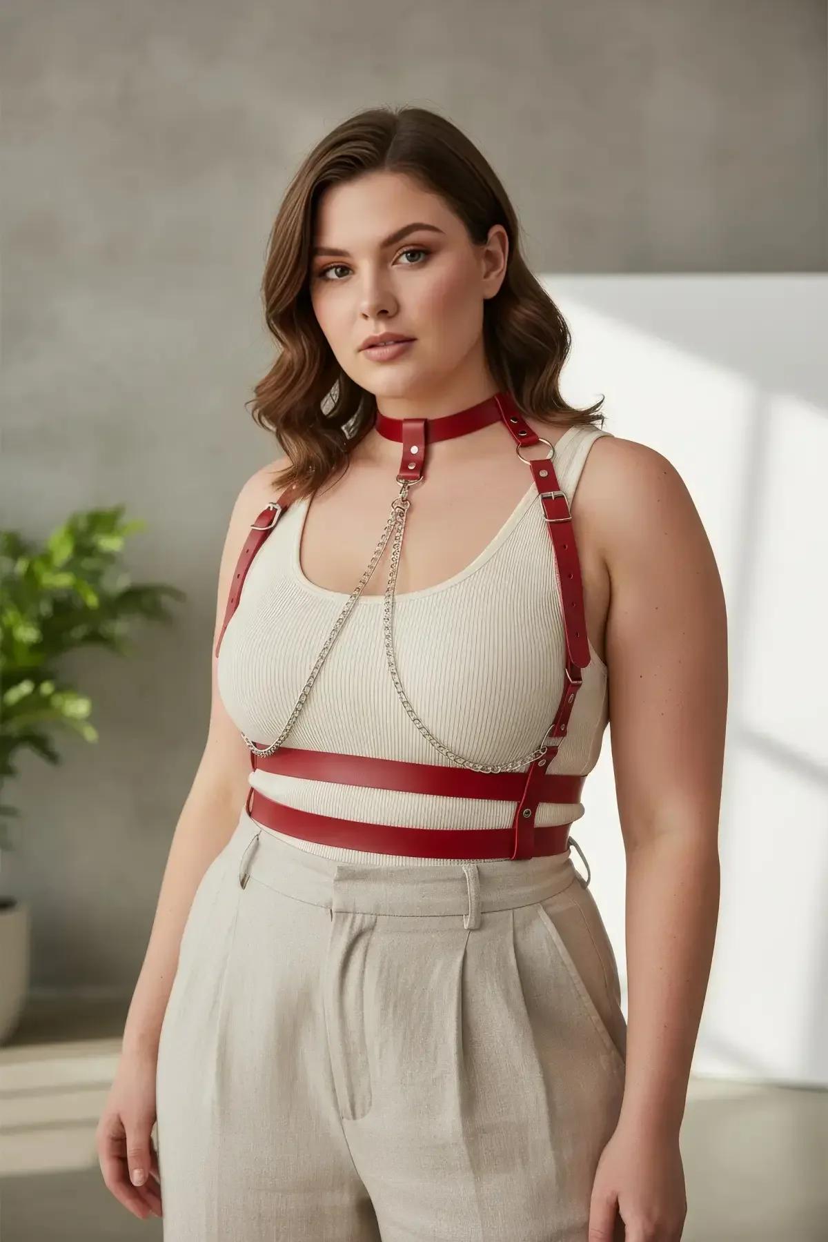 close-up red faux leather harness straps with silver rivet choker and adjustable shoulder buckles