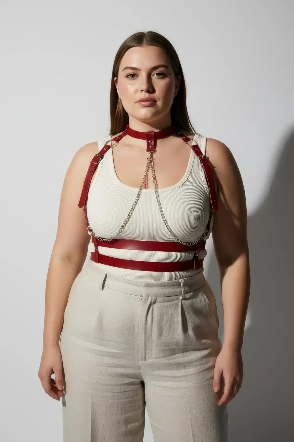 red vegan leather harness bra with draping silver chains and underbust band detail