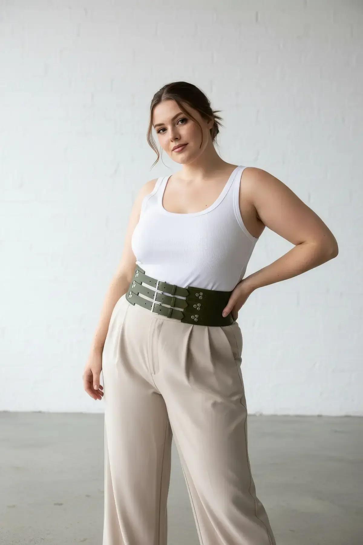 olive green vegan leather wide corset belt front view showing three silver buckle straps and eyelet grommets