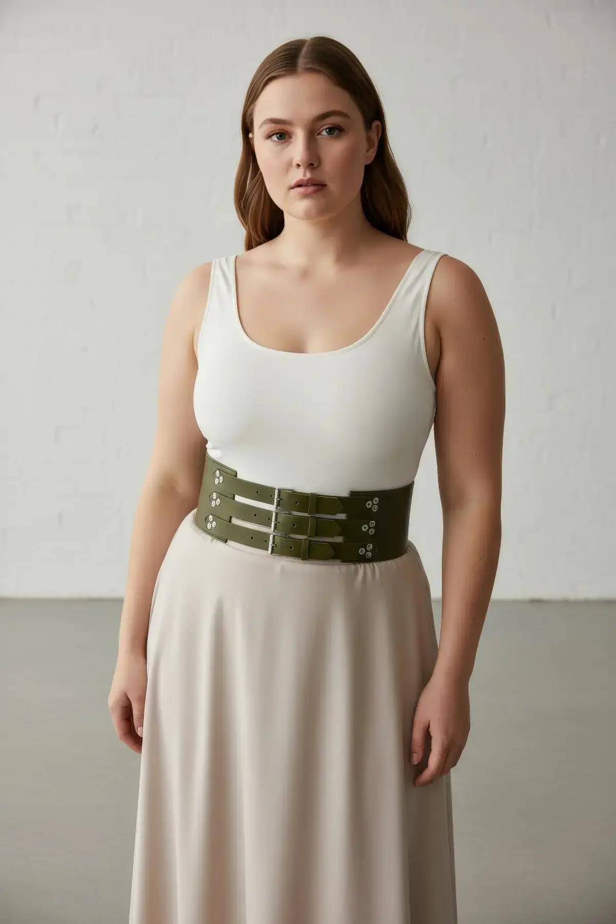 triple-strap waist harness belt olive matte faux leather flat lay detail of silver-tone hardware