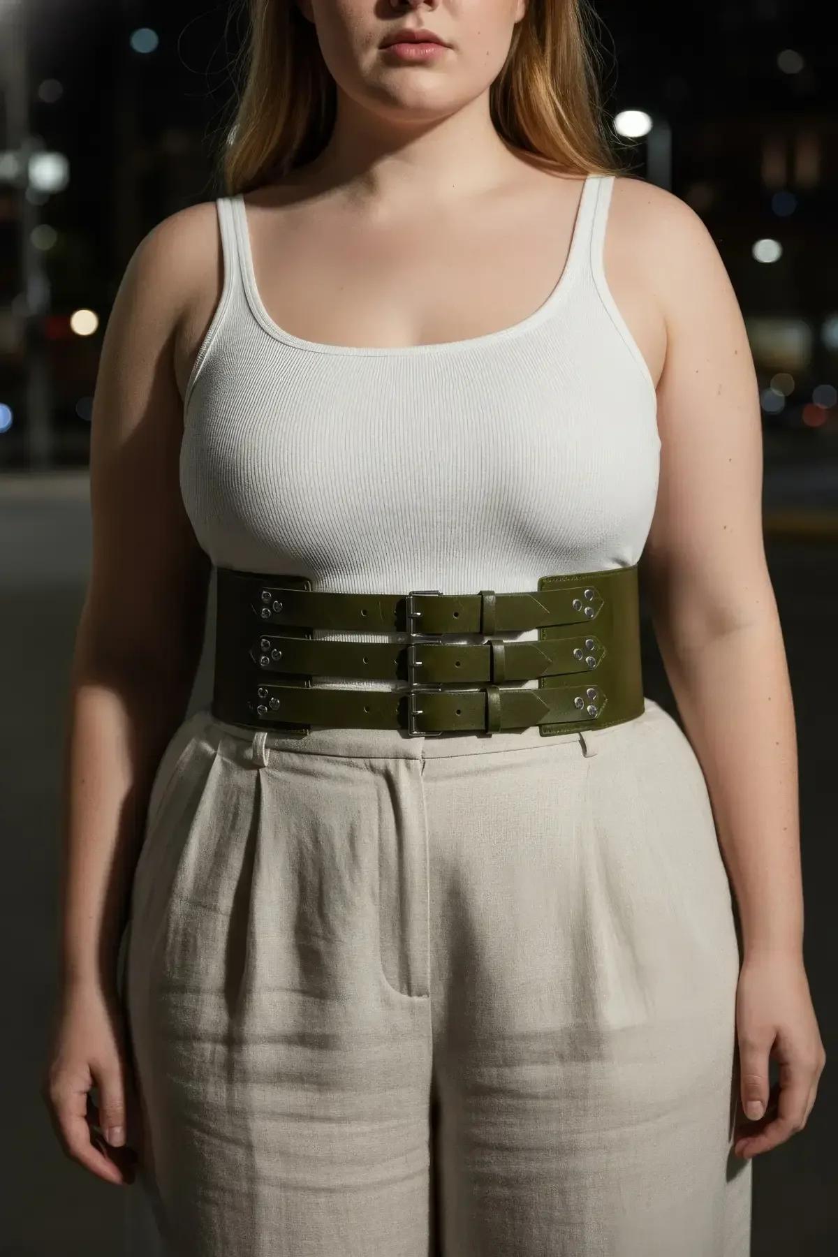 close-up of silver eyelet grommets and buckle closures on olive green corset waist harness