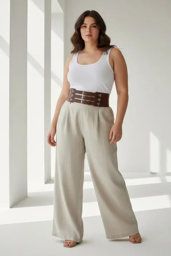 Cognac faux leather triple buckle waist cinch corset belt worn over white tank and wide-leg trousers