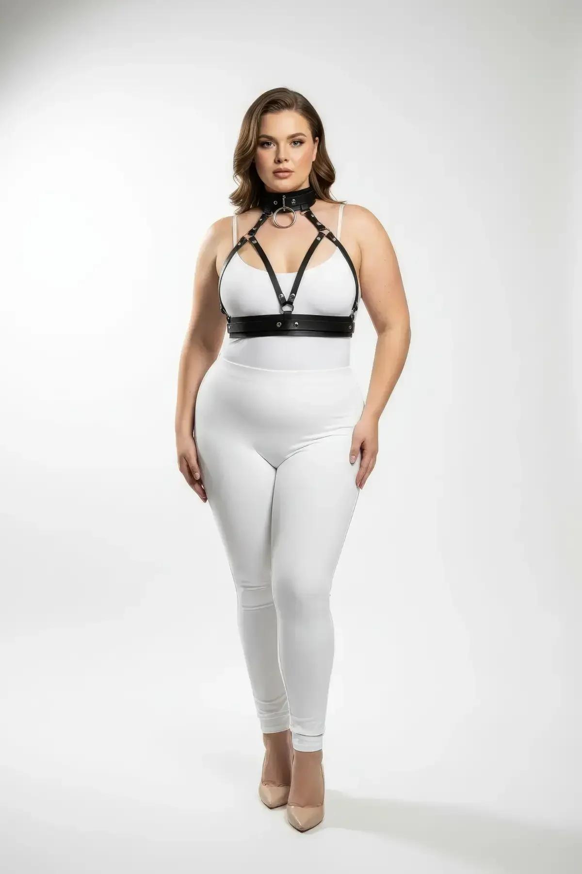 black matte faux leather chest harness underbust band with gold o-ring center detail front view